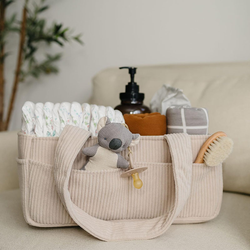 Baby Nursery Handles - กระเป๋าเก็บผ้าอ้อมเด็กแบบพับได้ความจุขนาดใหญ่ ทำจากผ้าคอร์ดูรอย พร้อมหูหิ้วพกพาสะดวก ช่องเก็บของหลายช่อง กระเป๋าจัดระเบียบสำหรับห้องเด็ก