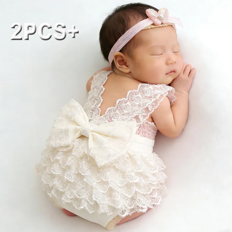 Baby Nursery Images - Ylsteed การถ่ายภาพทารกแรกเกิดชุดรอมเปอร์ลูกไม้ชุดถ่ายภาพพร้อมที่คาดผมโบว์สําหรับไอเดียภาพเด็กผู้หญิง