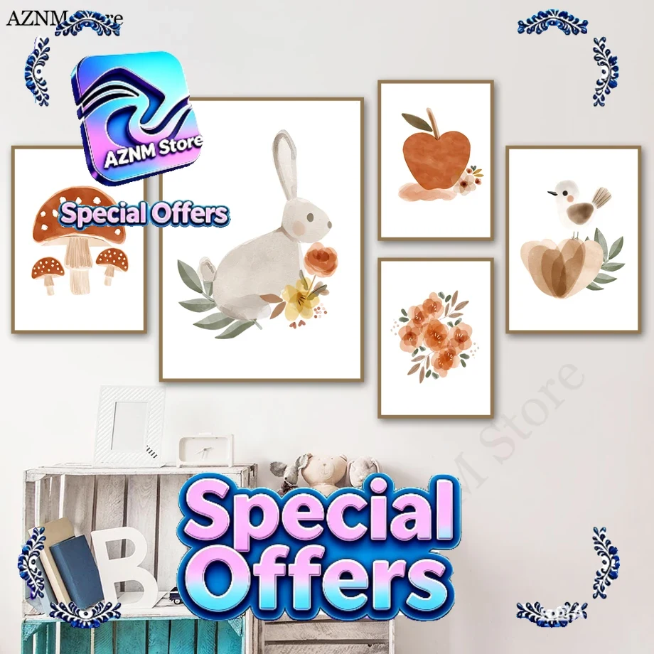 Baby Nursery Murals - สีน้ำดอกไม้กระต่ายนกแอปเปิ้ลเห็ดเนอสเซอรี่วอลล์อาร์ตภาพพิมพ์บนผ้าใบภาพวาดโปสเตอร์ตกแต่งภาพเด็กทารกห้องเด็ก