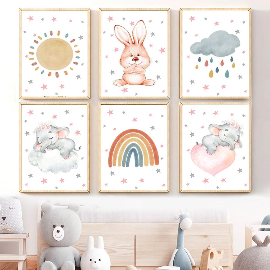 Baby Nursery Murals - ภาพวาดสีน้ำติดผนังห้องเด็ก ภาพพิมพ์บนผ้าใบ ลายโบโฮ สายรุ้ง พระอาทิตย์ เมฆ