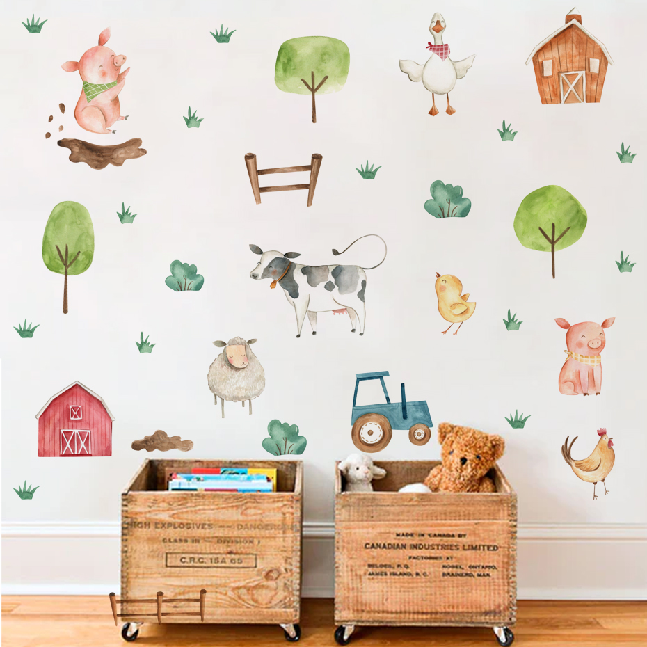 Baby Nursery Murals - Boho ภาพสีน้ำน่ารักติดฟาร์มสัตว์หมูสติ๊กเกอร์สำหรับเด็กติดผนังห้องเด็กอ่อนรูปลอกติดผนังภาพจิตรกรรมฝาผนังการตกแต่งบ้าน