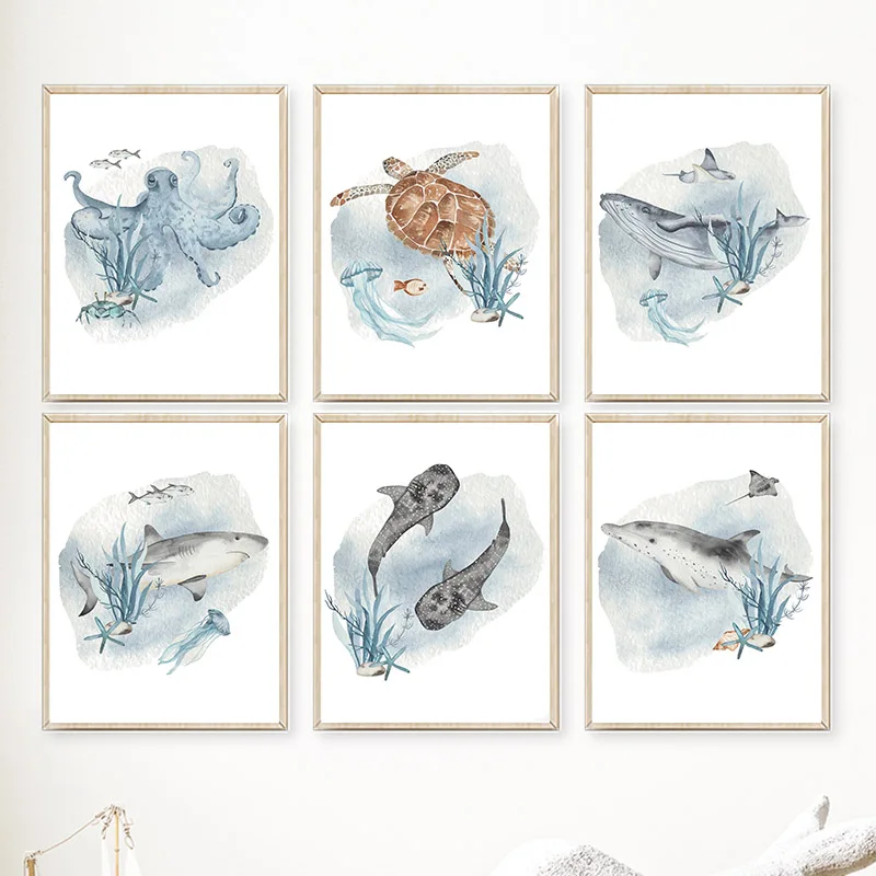 Baby Nursery Images - โปสเตอร์และภาพพิมพ์รูปปลาฉลามวาฬเต่า binatang Laut ศิลปะบนผนังสำหรับสถานรับเลี้ยงเด็กรูปภาพภาพวาดผ้าใบของเด็กทารกการตกแต่งห้อง