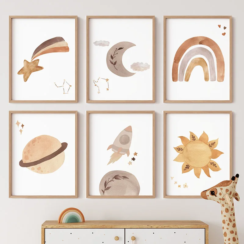 Baby Nursery Murals - สีน้ำสายรุ้ง ดวงอาทิตย์ ดวงจันทร์ จรวด ดาวเคราะห์ โปสเตอร์