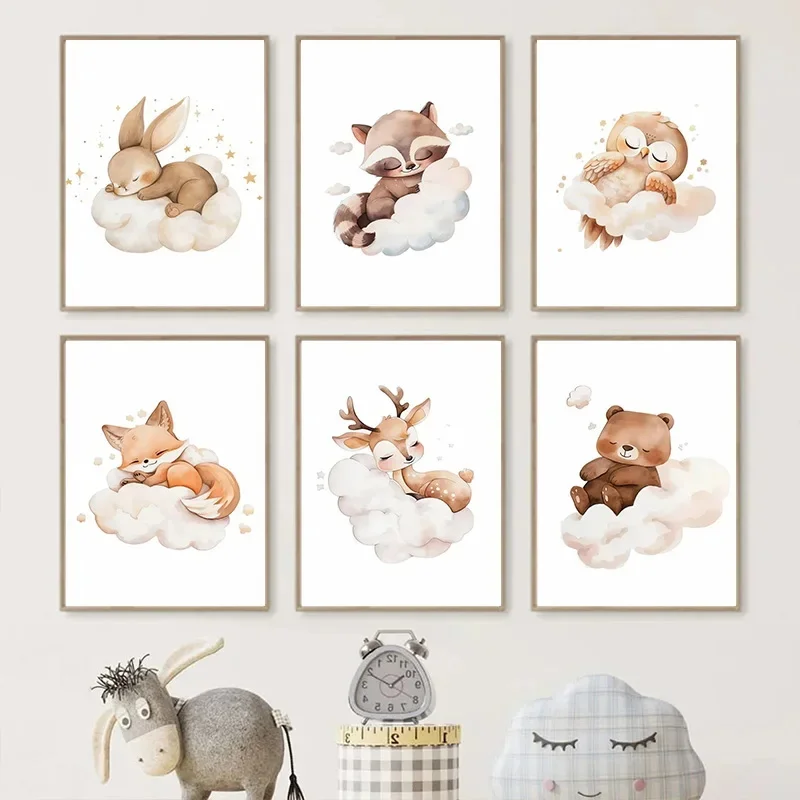 Baby Nursery Murals - การ์ตูน Cloud สัตว์ภาพวาดผ้าใบ Wall Art น่ารัก
