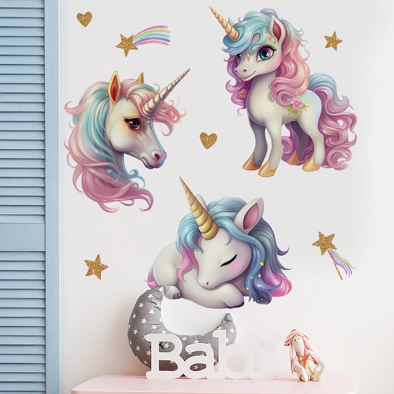 Baby Nursery Ideas Girl - ยูนิคอร์นตกแต่งไวนิลเด็กสติ๊กเกอร์ติดผนังสําหรับตกแต่งห้องเด็กผู้หญิงกาววอลล์เปเปอร์ห้องนอนอุปกรณ์เสริม Wall Art Room Decor