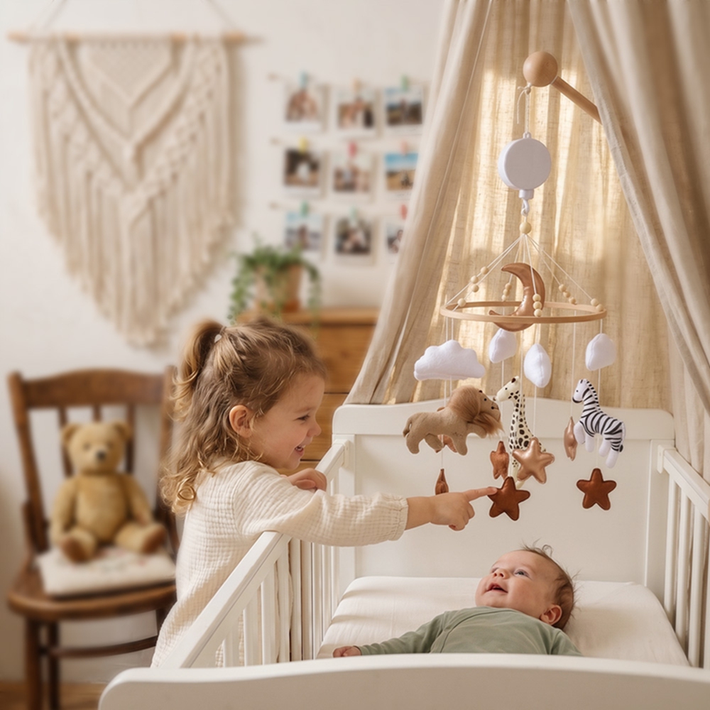Baby Nursery Music - โมบายติดเตียงไม้สำหรับเด็กทารก พร้อมกล่องดนตรี ตุ๊กตาหมีผ้าสักหลาดนุ่ม ของเล่นเขย่ามีเสียง สำหรับตกแต่งห้องเด็กแรกเกิด พร้อมขายึด