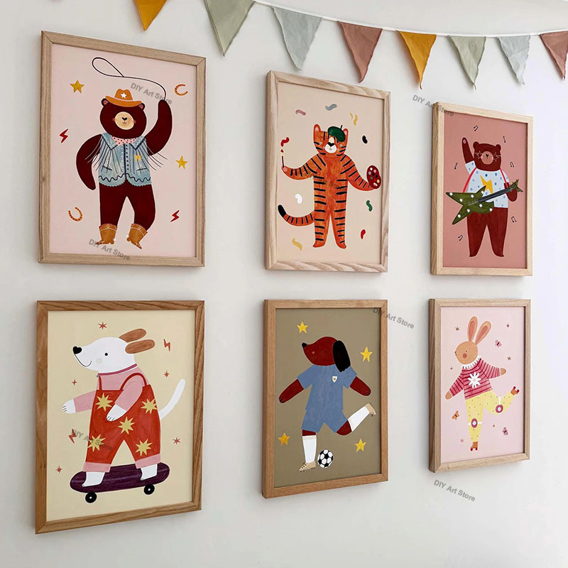 Baby Nursery Images - ภาพวาดการ์ตูนสัตว์น่ารักสำหรับตกแต่งผนังห้องเด็ก ภาพพิมพ์บนผ้าแคนวาส หมี เสือ กระต่าย หนู