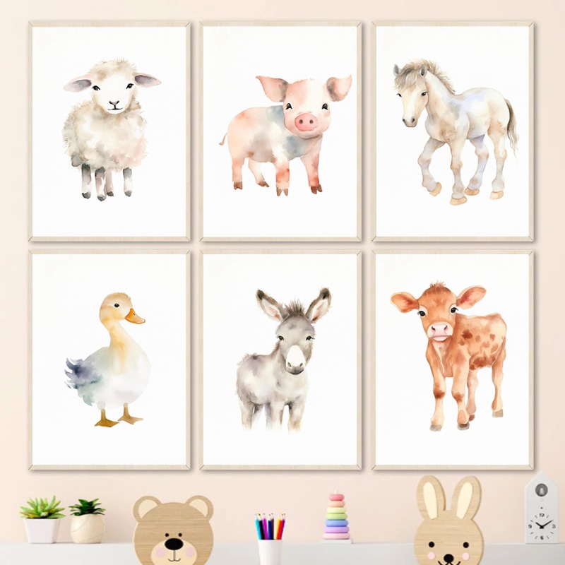 Baby Nursery Images - ภาพสัตว์ในฟาร์มสีน้ำโปสเตอร์รูปเป็ดแกะและภาพพิมพ์ผ้าใบพิมพ์ภาพศิลปะบนผนังสำหรับห้องเด็กการตกแต่งสถานรับเลี้ยงเด็ก