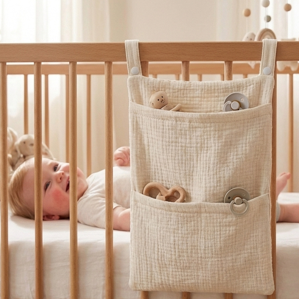 Baby Nursery Shelves - กระเป๋าจัดระเบียบเปลเด็กแบบแขวน ผ้ามัสลิน ผ้าก๊อซ ใส่ผ้าอ้อม ของใช้เด็กอ่อน กระเป๋าแขวนข้างเตียงเด็ก