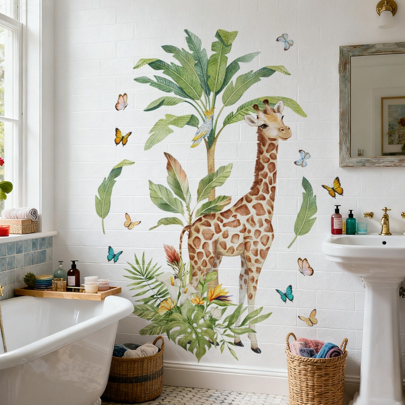 Baby Nursery Murals - สติ๊กเกอร์ติดผนังรูปยีราฟขนาดใหญ่ สำหรับตกแต่งห้องนอนเด็ก ห้องเด็กอ่อน ลายยีราฟซาฟารีเขตร้อน วอลเปเปอร์ลายสัตว์