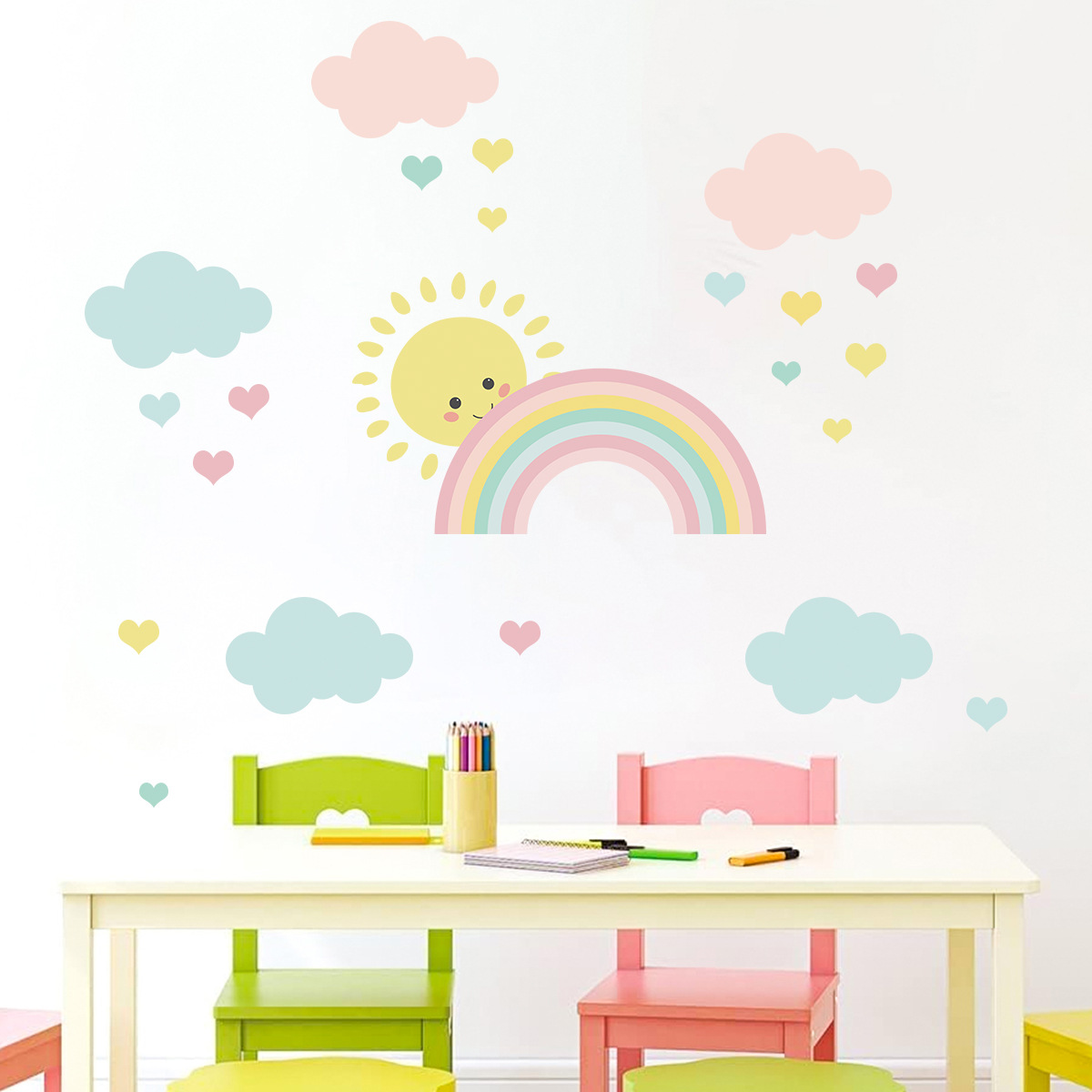 Baby Nursery Murals - การ์ตูนดวงอาทิตย์สายรุ้งเมฆสติ๊กเกอร์ติดผนังสำหรับตกแต่งห้องนอนเด็กหญิงเด็กชายศิลปะสติกเกอร์ภาพจิตรกรรมฝาผนังโปสเตอร์ห้องเด็กตกแต่งบ้าน