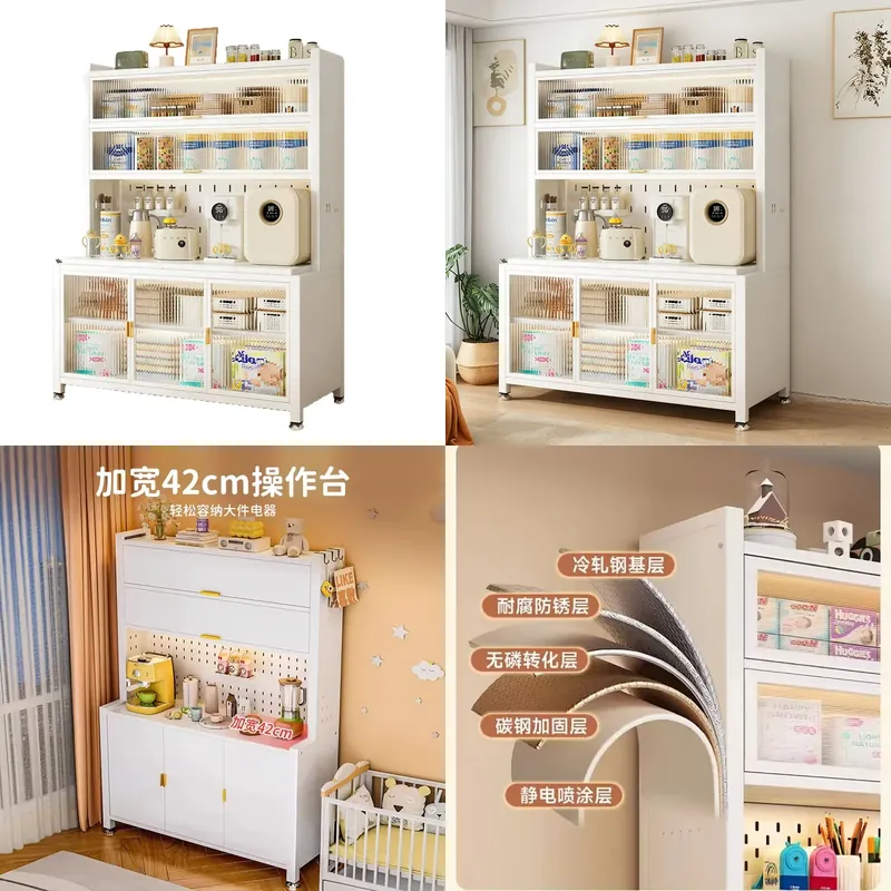 Baby Nursery Shelves - โต๊ะป้อนนมเด็กเหล็กพร้อมชั้นเก็บของ ความจุขนาดใหญ่ ตู้เก็บนมผงอเนกประสงค์ ตู้ของเล่นสำหรับเด็ก