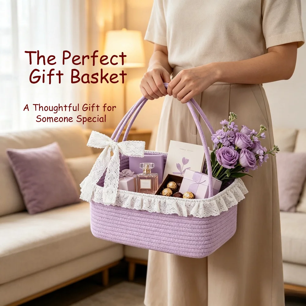 Baby Nursery Handles - ตะกร้าเชือกฝ้ายสำหรับเด็ก พร้อมโบว์ลูกไม้ที่จับ ตะกร้าเก็บของสานสำหรับของขวัญวันเกิด ของขวัญวันหยุด ขนม ของเล่น