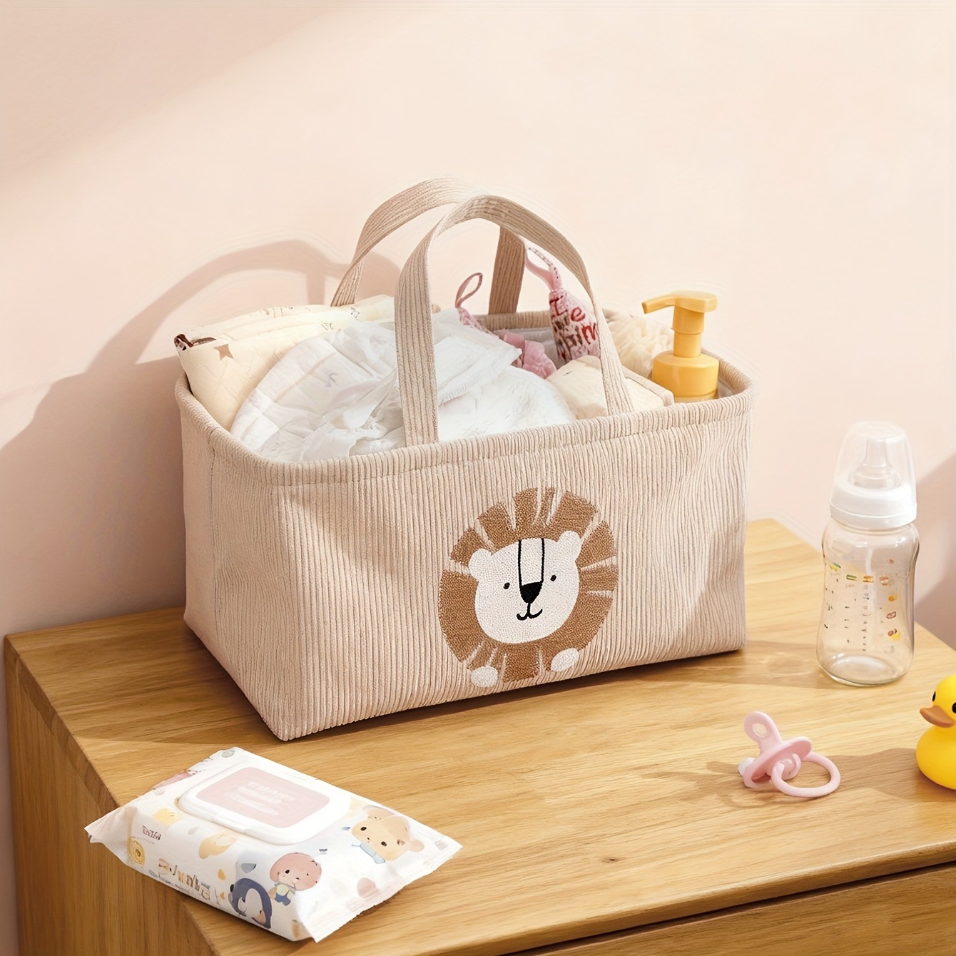 Baby Nursery Handles - ตะกร้าผ้าพับได้ลายสิงโตน่ารักพร้อมหูจับ สำหรับจัดเก็บของใช้เด็กอ่อน ของเล่น และกระเป๋าใส่ผ้าอ้อม