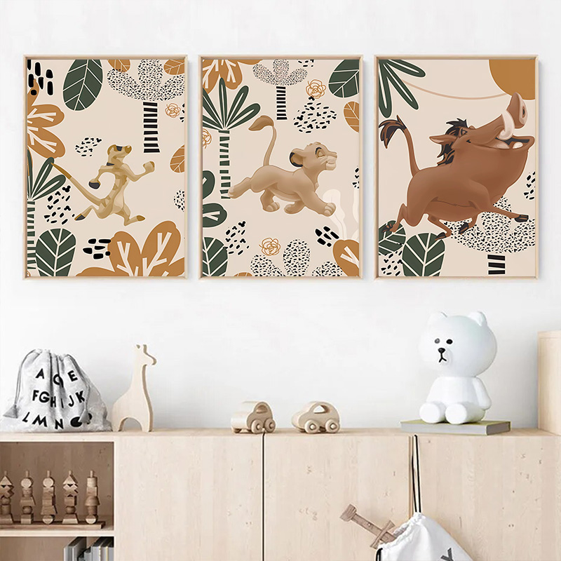Baby Nursery Images - โปสเตอร์พิมพ์ลายโบโฮสำหรับเด็ก Lion King การตกแต่งบ้านภาพวาดบนผ้าใบลายสัตว์ซาฟารีภาพยนต์ศิลปะบนผนังสำหรับห้องสถานที่เลี้ยงเด็กเด็กทารก