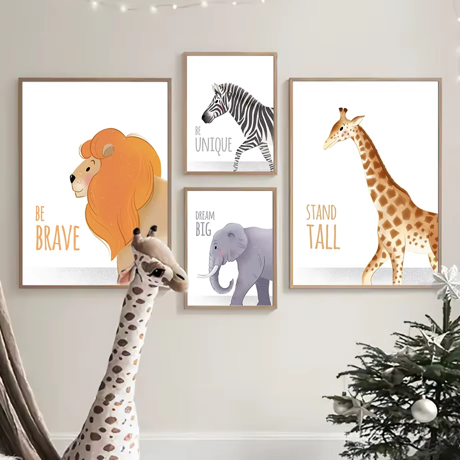 Baby Nursery Murals - คําคมสร้างแรงบันดาลใจ Nursery Wall Art ภาพจิตรกรรมฝาผนังช้างยีราฟสิงโตแรดภาพวาดผ้าใบโปสเตอร์พิมพ์ภาพตกแต่งห้องเด็ก