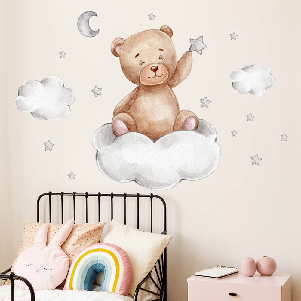 Baby Nursery Murals - หมี ดวงจันทร์ เมฆ ดาว สติ๊กเกอร์ติดผนังสำหรับห้องเด็กตกแต่งพื้นหลังภาพจิตรกรรมฝาผนังห้องนอนเด็กตกแต่งห้องนั่งเล่นวอลล์เปเปอร์สำหรับเด็ก