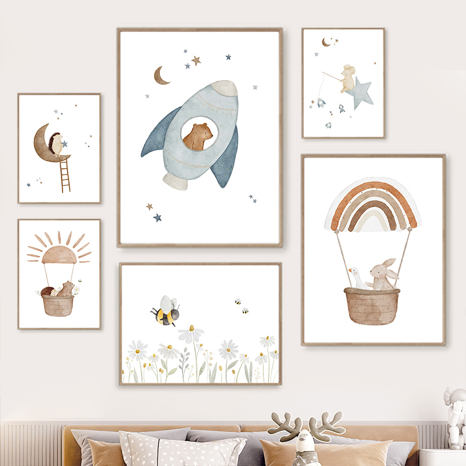 Baby Nursery Murals - ภาพจิตรกรรมฝาผนังรูปการ์ตูนสัตว์ในศิลปะบนผนังโปสเตอร์รูปกระต่ายเม่นจิ้งจอกหมีภาพจิตรกรรมบนผ้าใบของตกแต่งห้องนอนสำหรับเด็กเล็ก