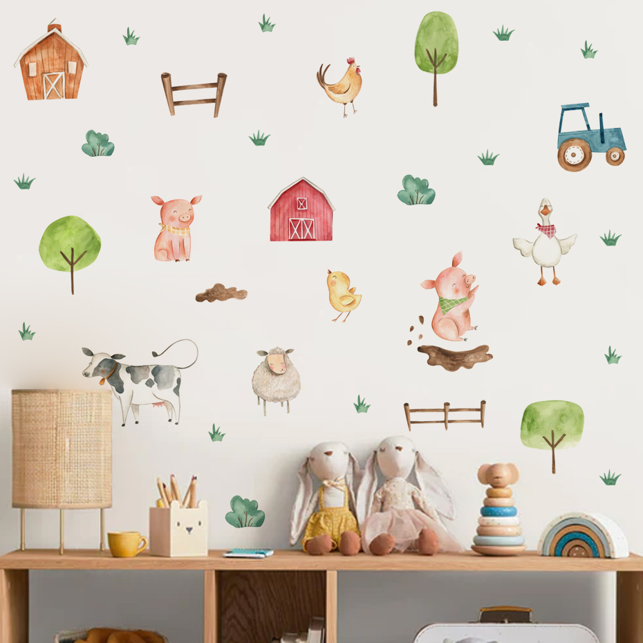 Boho ภาพสีน้ำน่ารักติดฟาร์มสัต - Baby Nursery Murals บทวิจารณ์และราคา