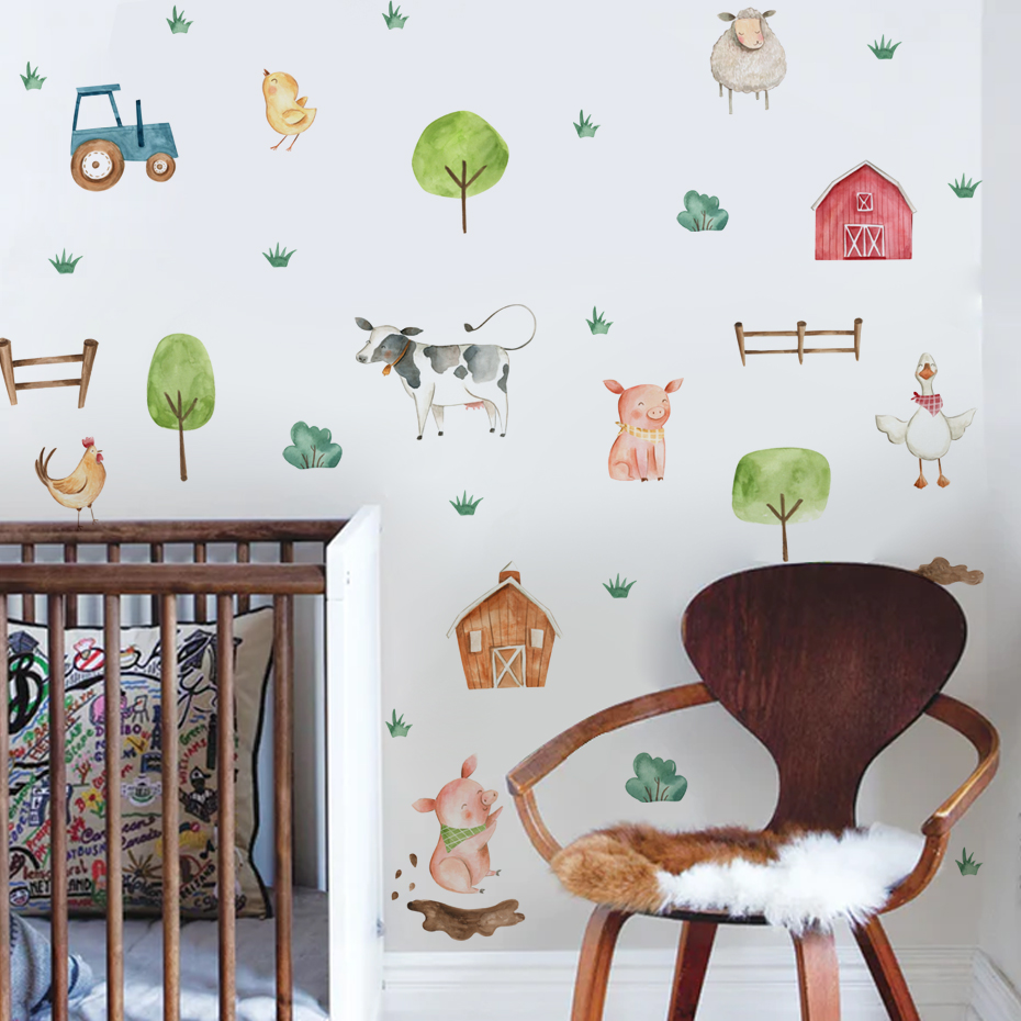 Boho ภาพสีน้ำน่ารักติดฟาร์มสัต - Baby Nursery Murals บทวิจารณ์และราคา